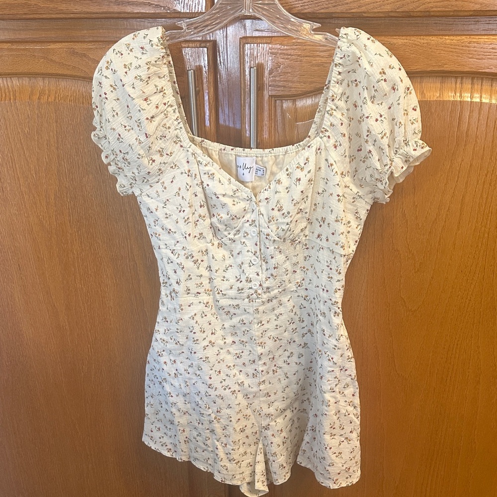 Hollister Cream Floral Jumpsuit with Puff Sleeves